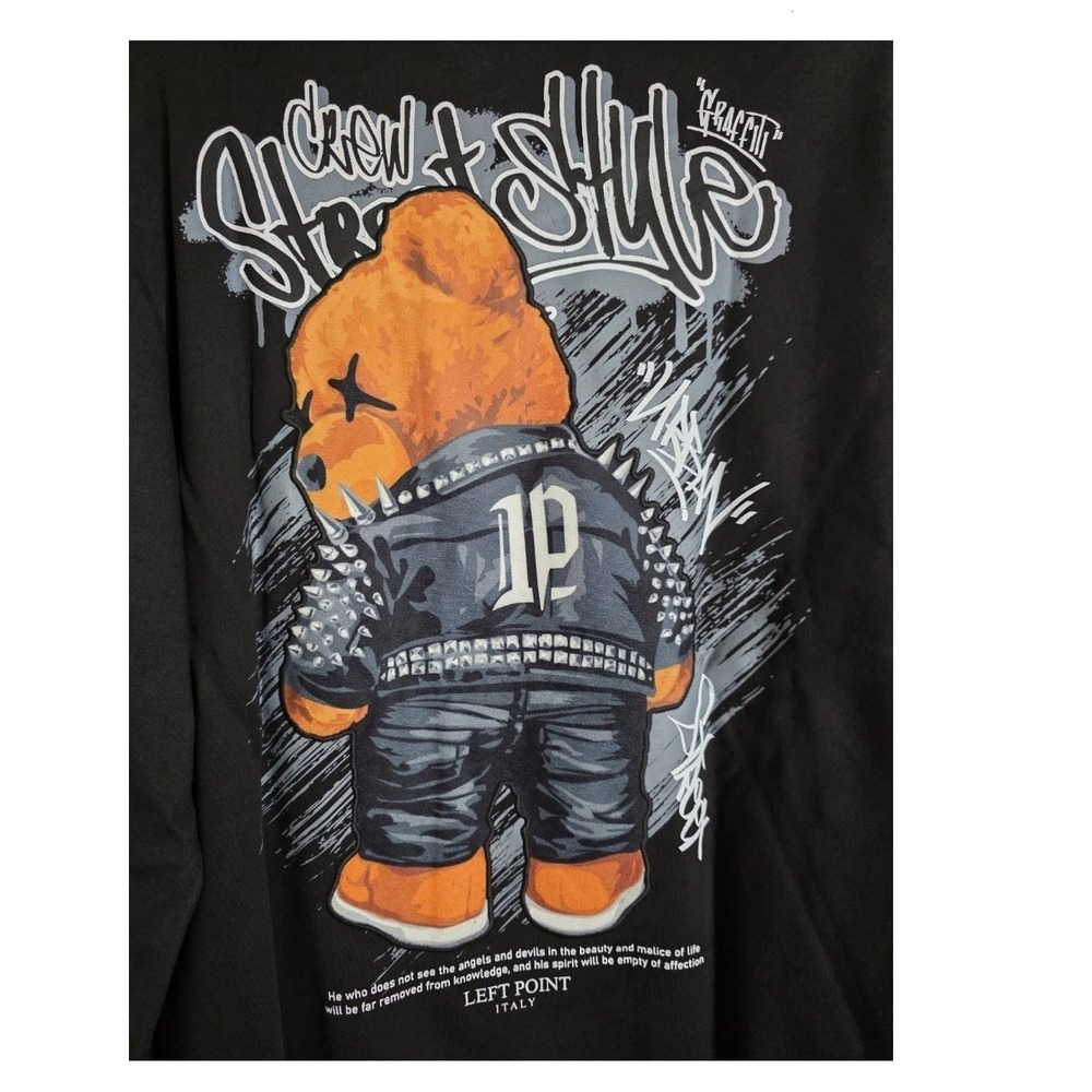 Left Point Italy Mens Black Punk Teddy Bear Street Style Graphic Sweatshirt SM